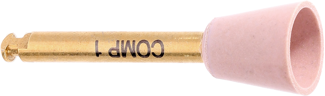 Colour-coded composite polishers, pink and yellow, with gold shank for dental restorations