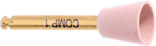 Colour-coded composite polishers, pink and yellow, with gold shank for dental restorations