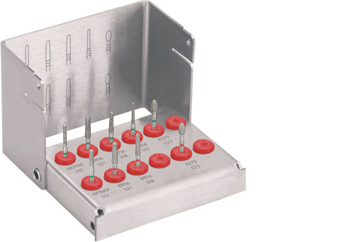 Dental crown preparation kit with multiple diamond burs for occlusal reduction and finishing