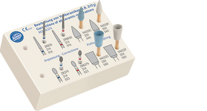 Ceramic restoration polishing kit with diamond-embedded polishers and specialised burs for zirconia and all-ceramic finishing