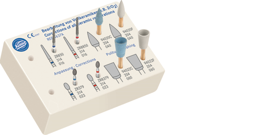 Ceramic restoration polishing kit with diamond-embedded polishers and specialised burs for zirconia and all-ceramic finishing