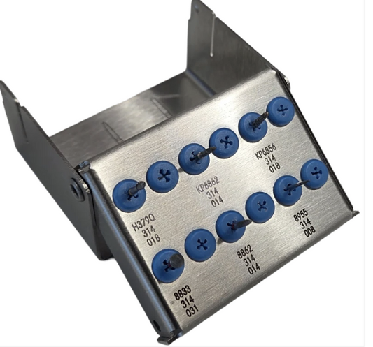 Bioclear Komet Bur Kit with carbide and diamond burs in autoclavable metal rack for restorative dentistry